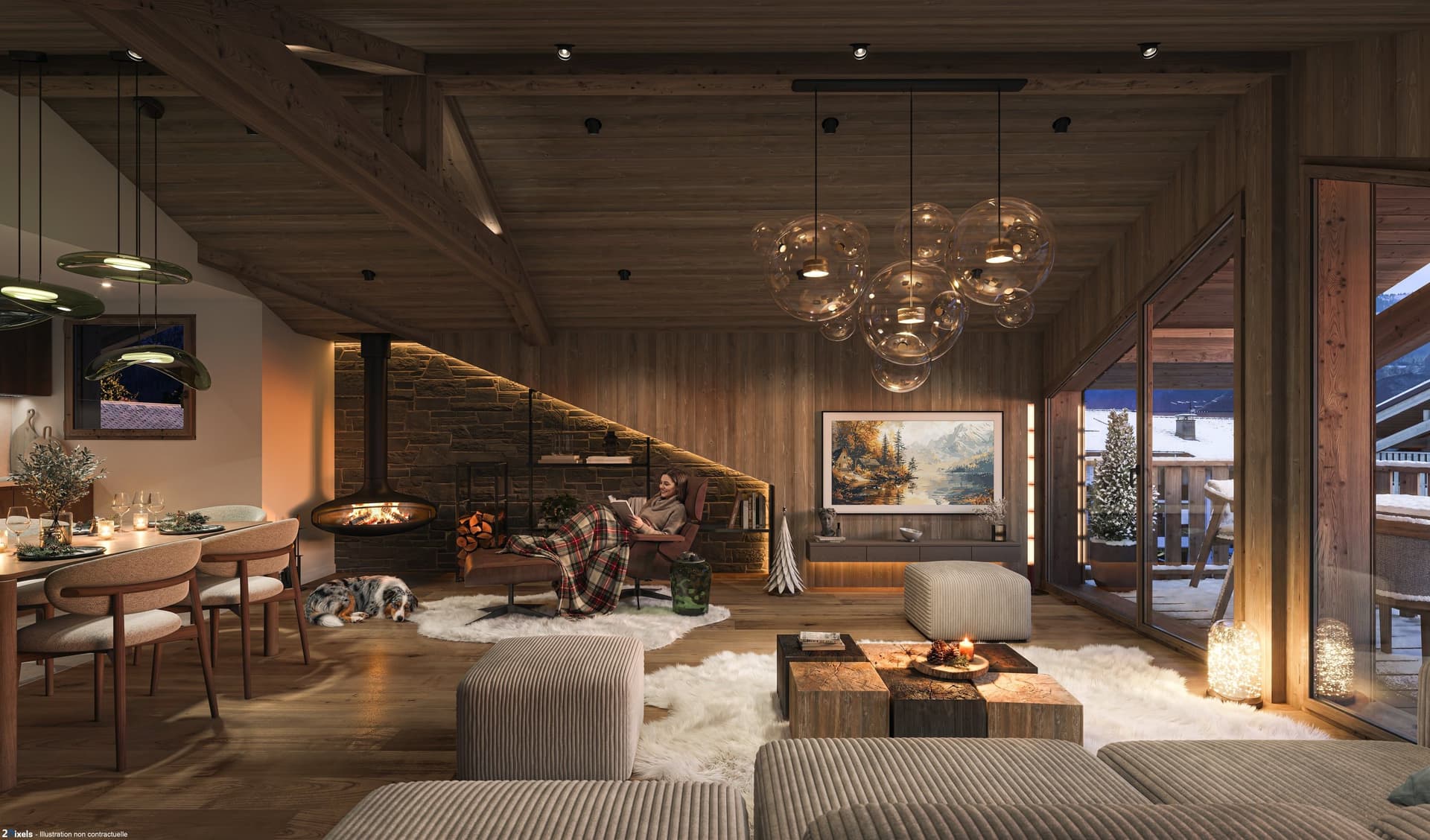 Intérieur chaleureux en bois avec cheminée et vue sur la montagne